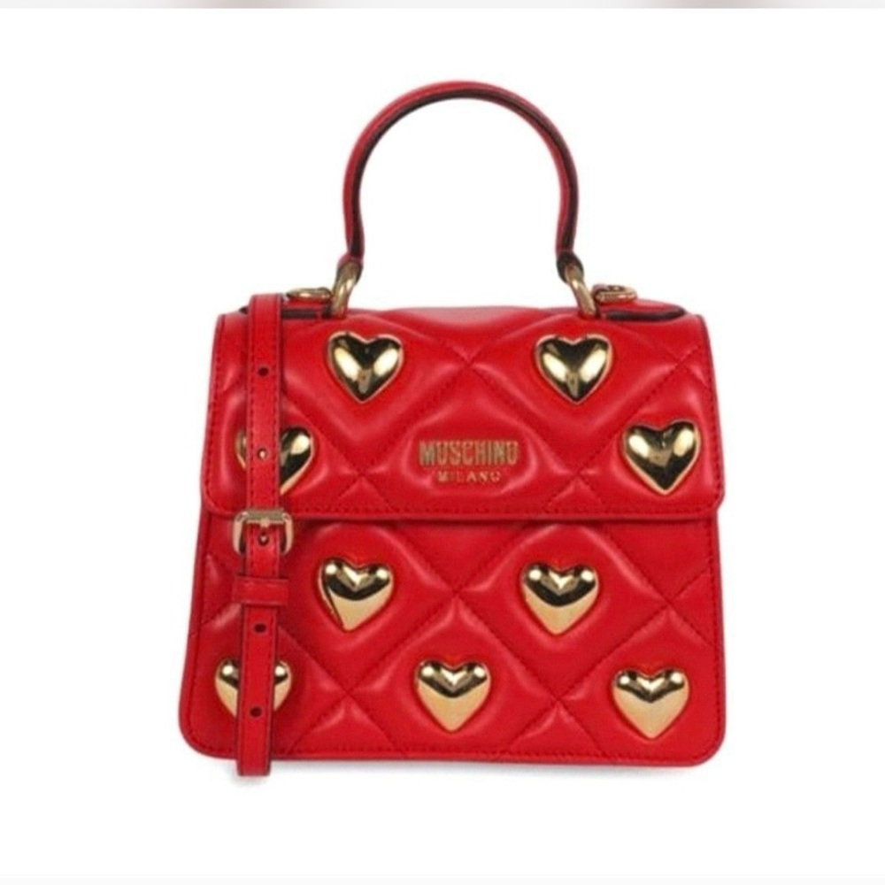 ❤️ Moschino Quilted Red Satchel w Gold Hearts ❤️ with Dust bag - Picture 7 of 11